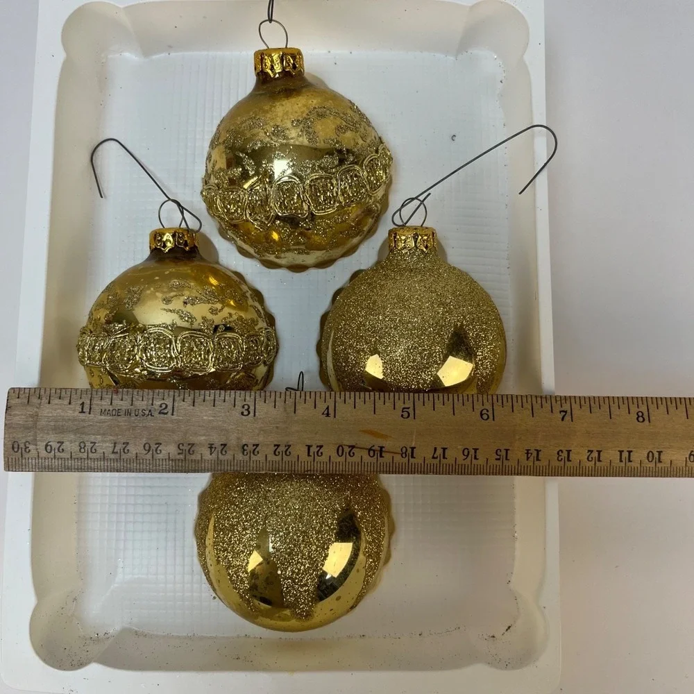 Vtg  Victoria Collection Gold Glitter‎ Glass Christmas Ornaments- 2 Boxes